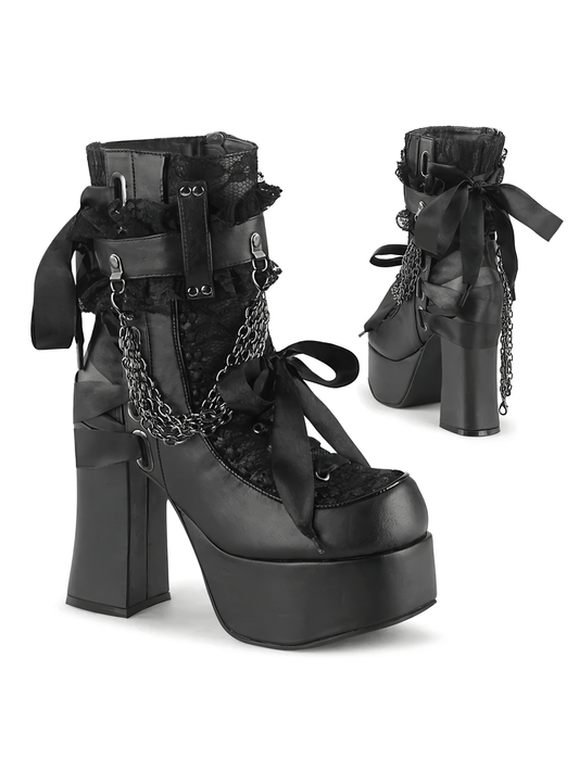 DEMONIA Black Lace Ankle Boots with Chain and Ribbon Detail