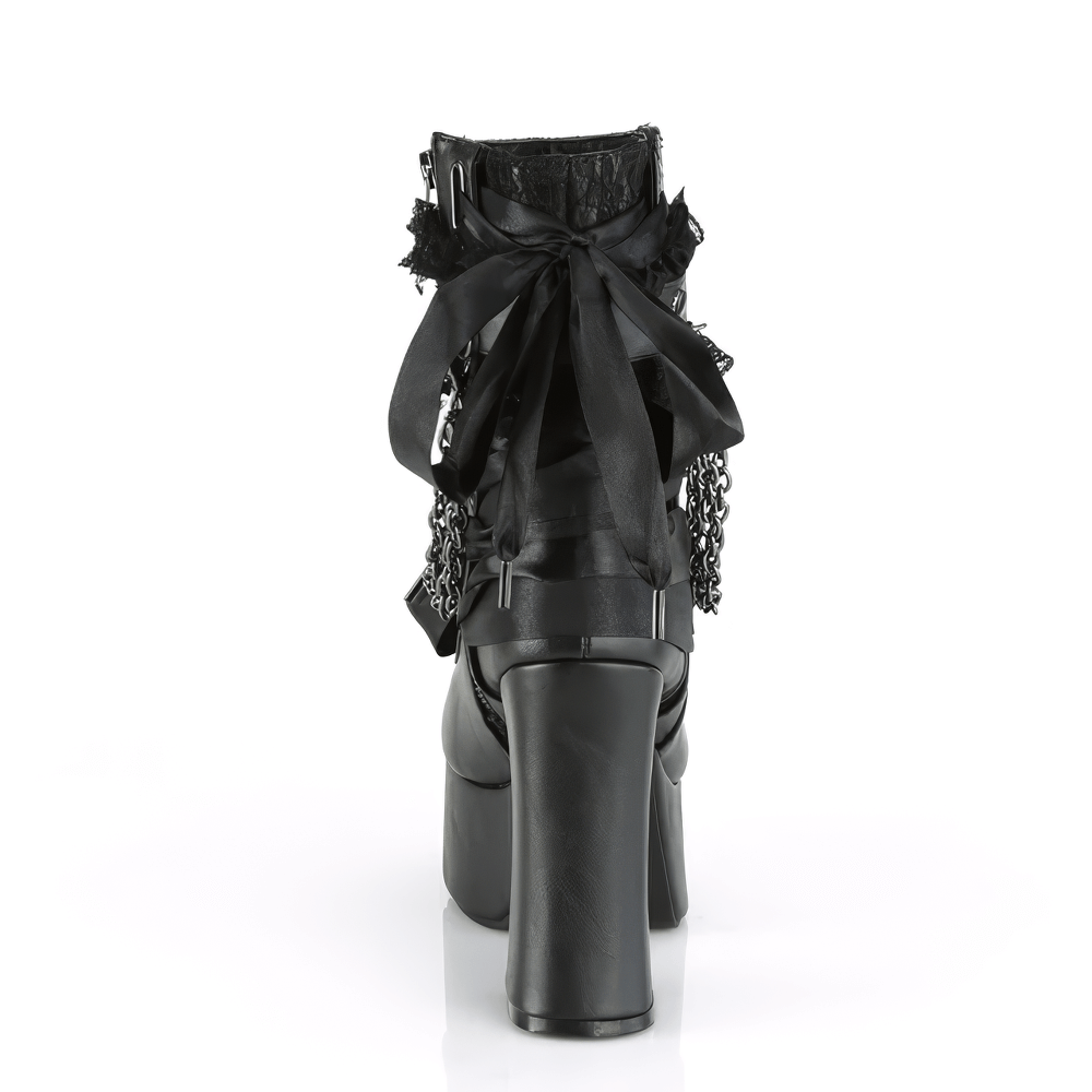 DEMONIA Black Lace Ankle Boots with Chain and Ribbon Detail