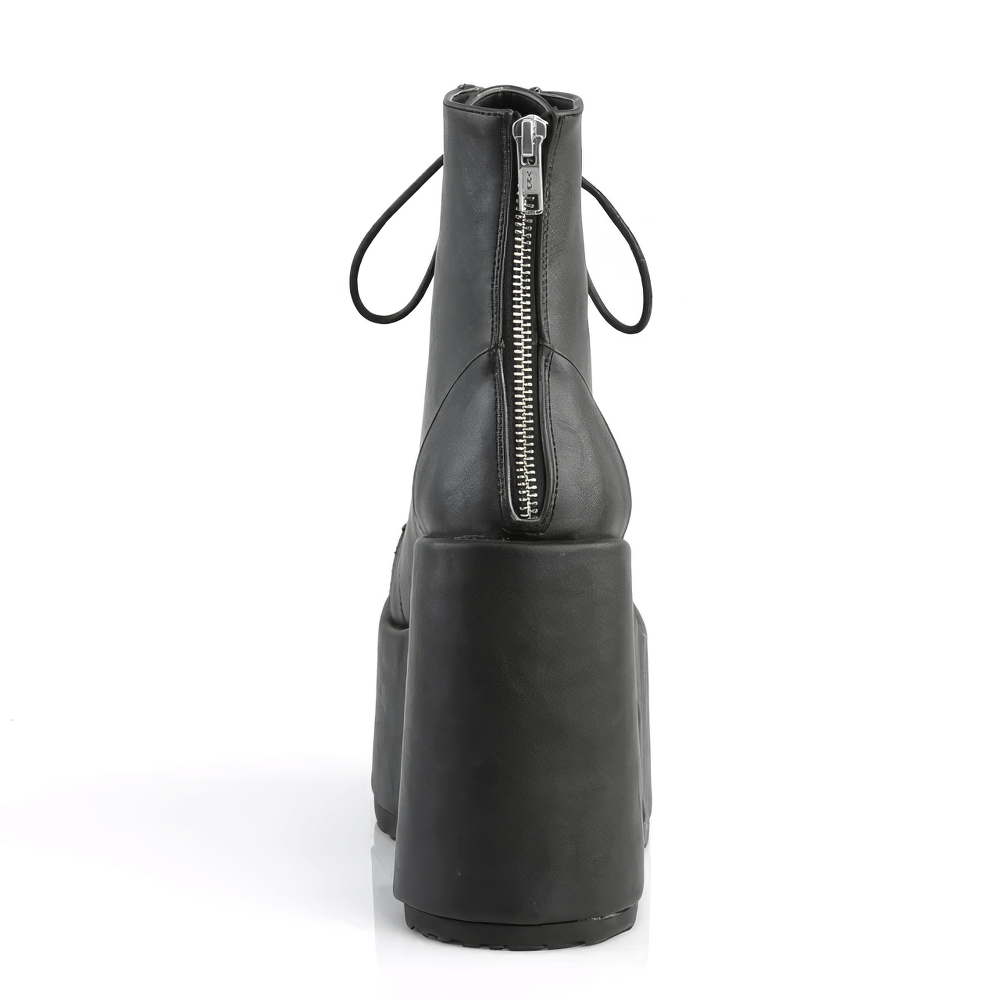 DEMONIA Black Lace-Up Ankle Boots with Chunky Heel