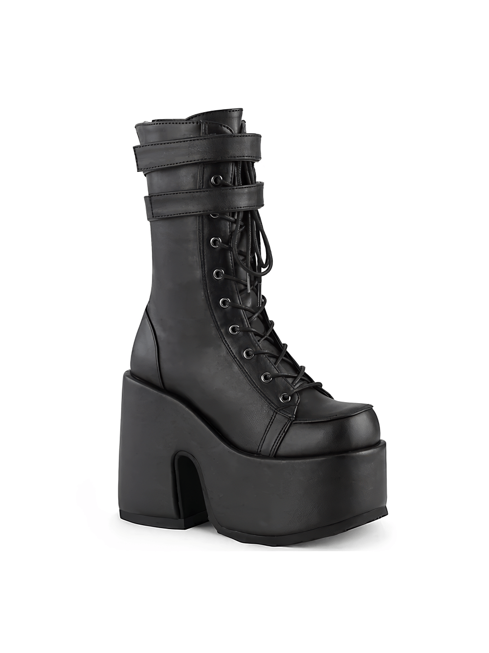 DEMONIA Black Lace-Up Mid-Calf Boots with Chunky Heel