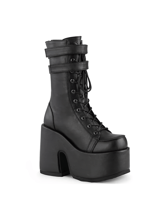 DEMONIA Black Lace-Up Mid-Calf Boots with Chunky Heel
