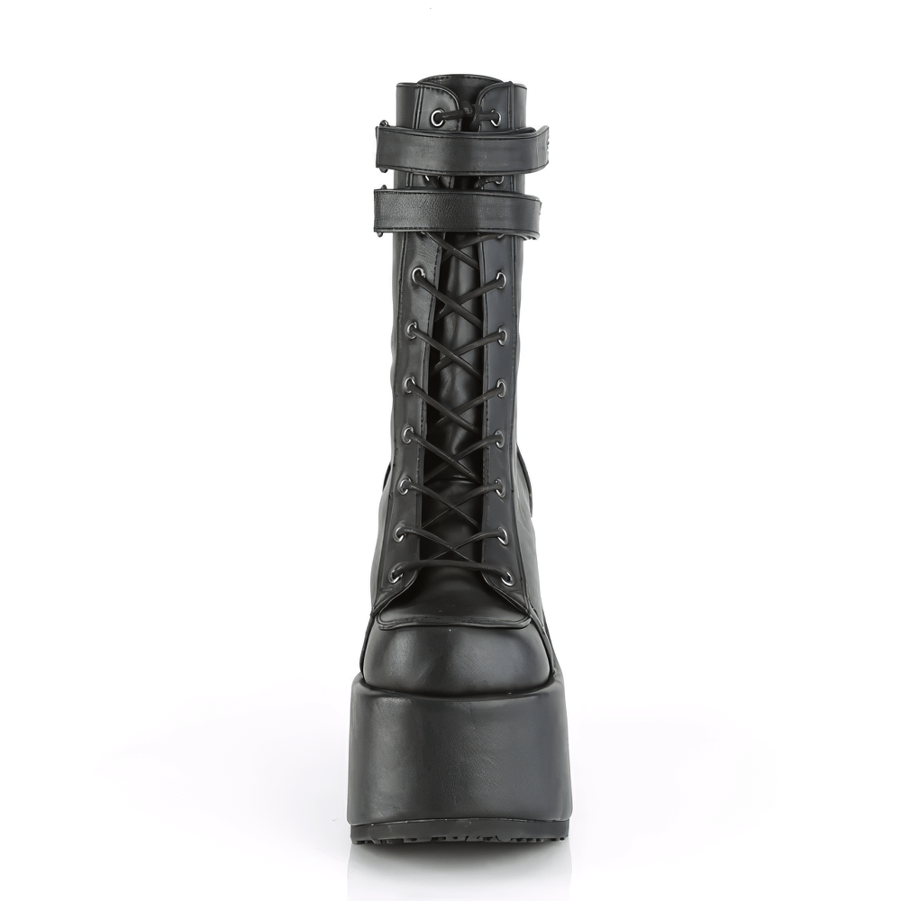 DEMONIA Black Lace-Up Mid-Calf Boots with Chunky Heel