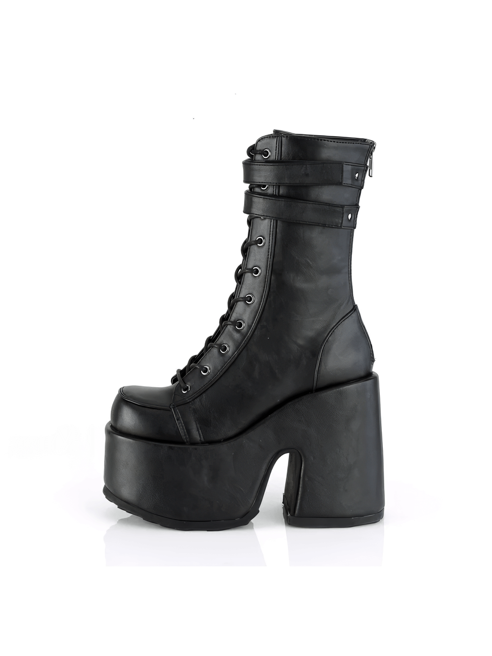 DEMONIA Black Lace-Up Mid-Calf Boots with Chunky Heel