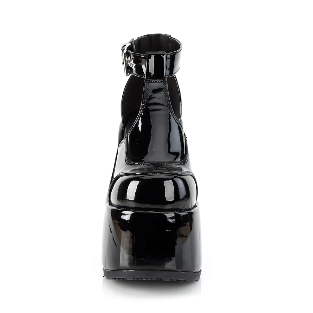 DEMONIA Black Patent T-Strap Shoes with Chunky Heel