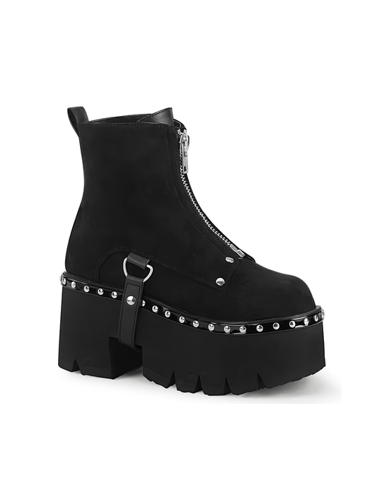 DEMONIA Black Platform Ankle Boots with Harness Strap