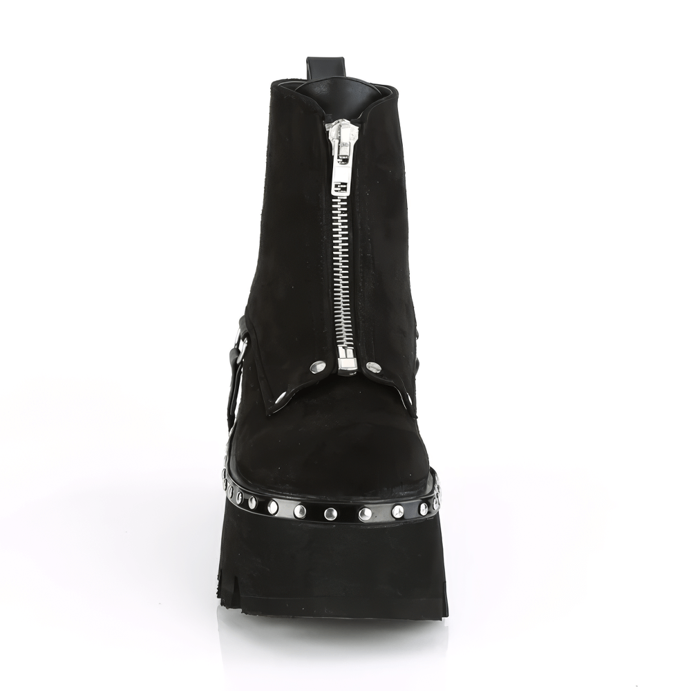 DEMONIA Black Platform Ankle Boots with Harness Strap
