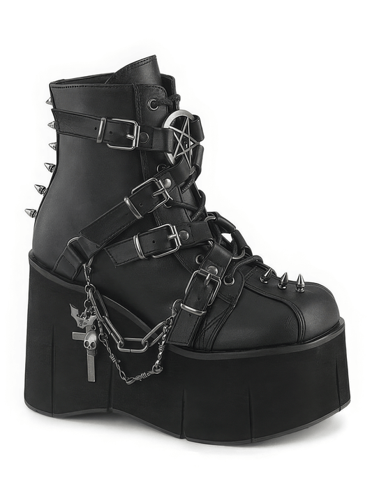 DEMONIA Black Platform Ankle Boots with Pentagram and Chains