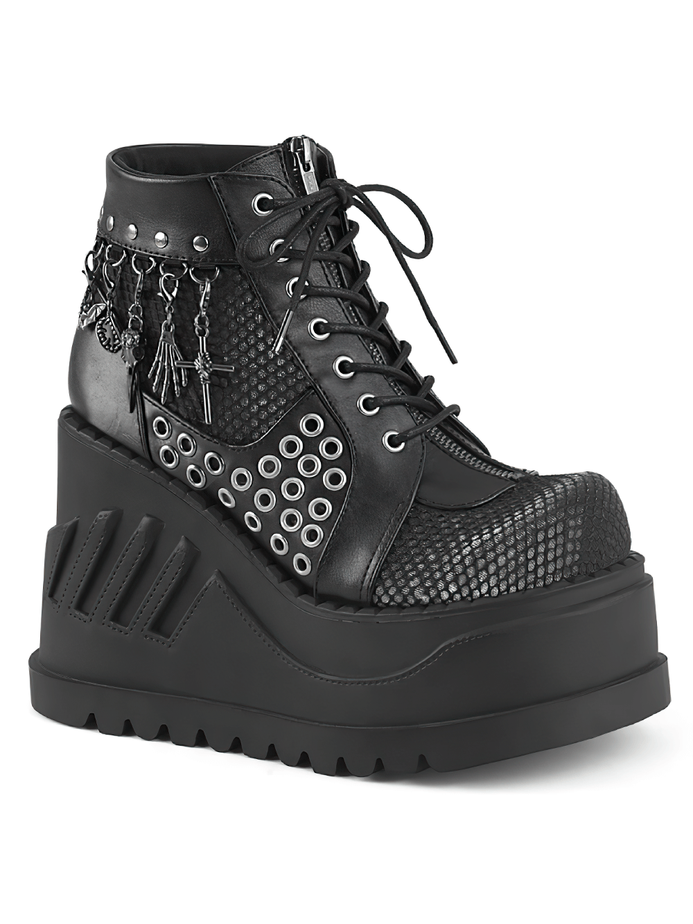 DEMONIA Black Platform Booties with Charms and Eyelets