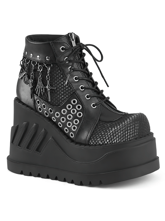 DEMONIA Black Platform Booties with Charms and Eyelets