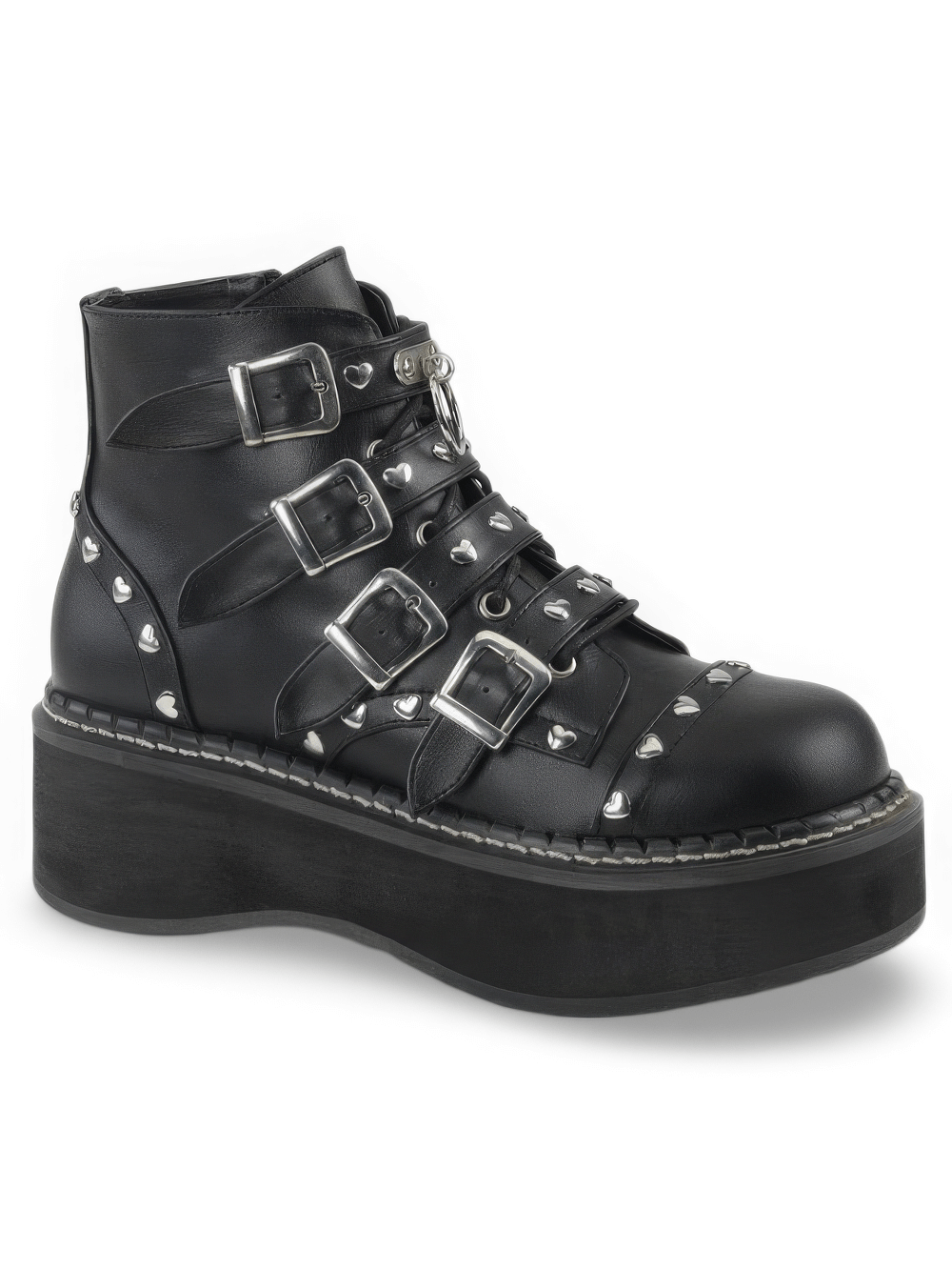 DEMONIA Black Platform Buckle Strap Boots with Heart Studs