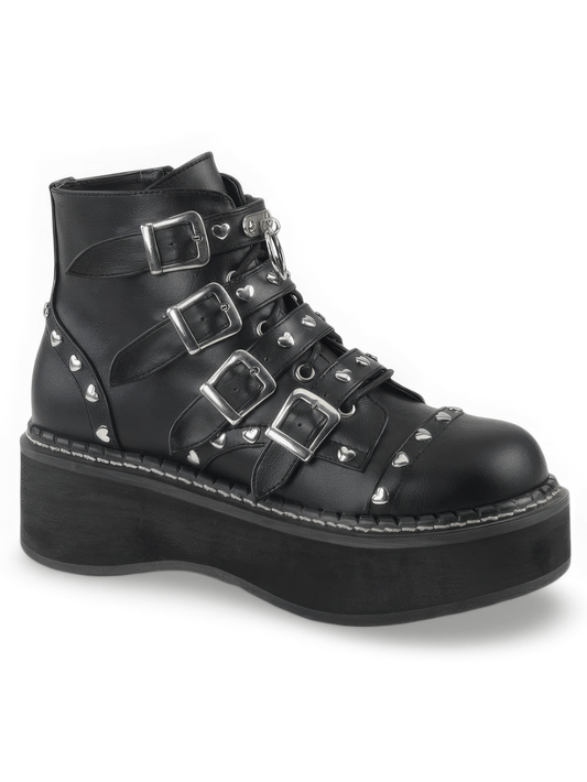 DEMONIA Black Platform Buckle Strap Boots with Heart Studs