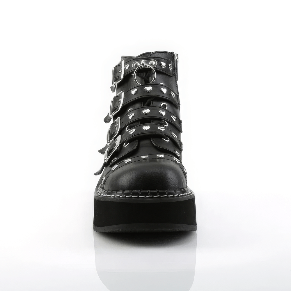 DEMONIA Black Platform Buckle Strap Boots with Heart Studs