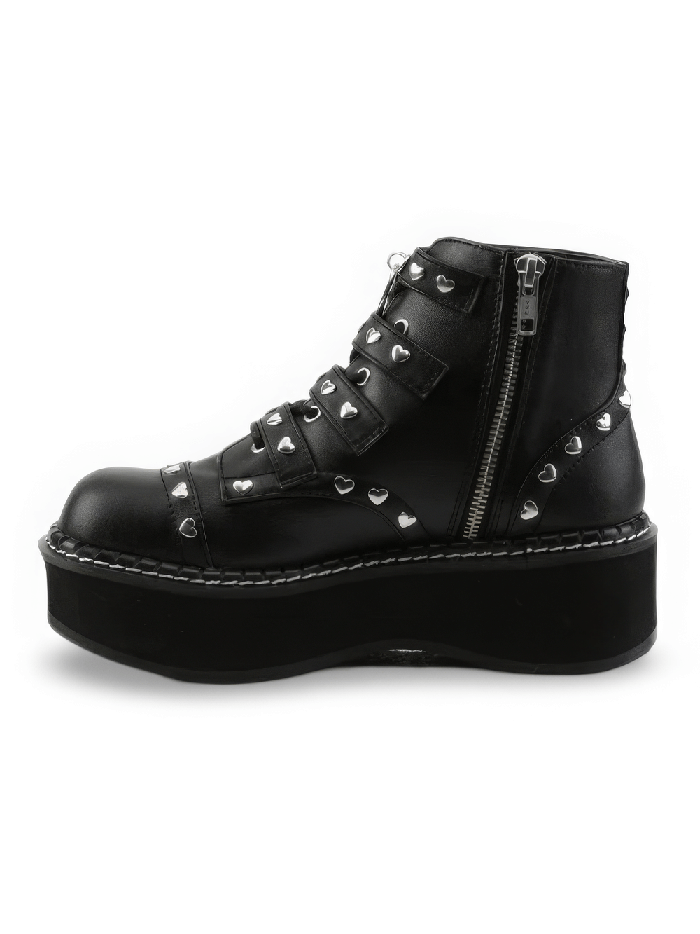 DEMONIA Black Platform Buckle Strap Boots with Heart Studs