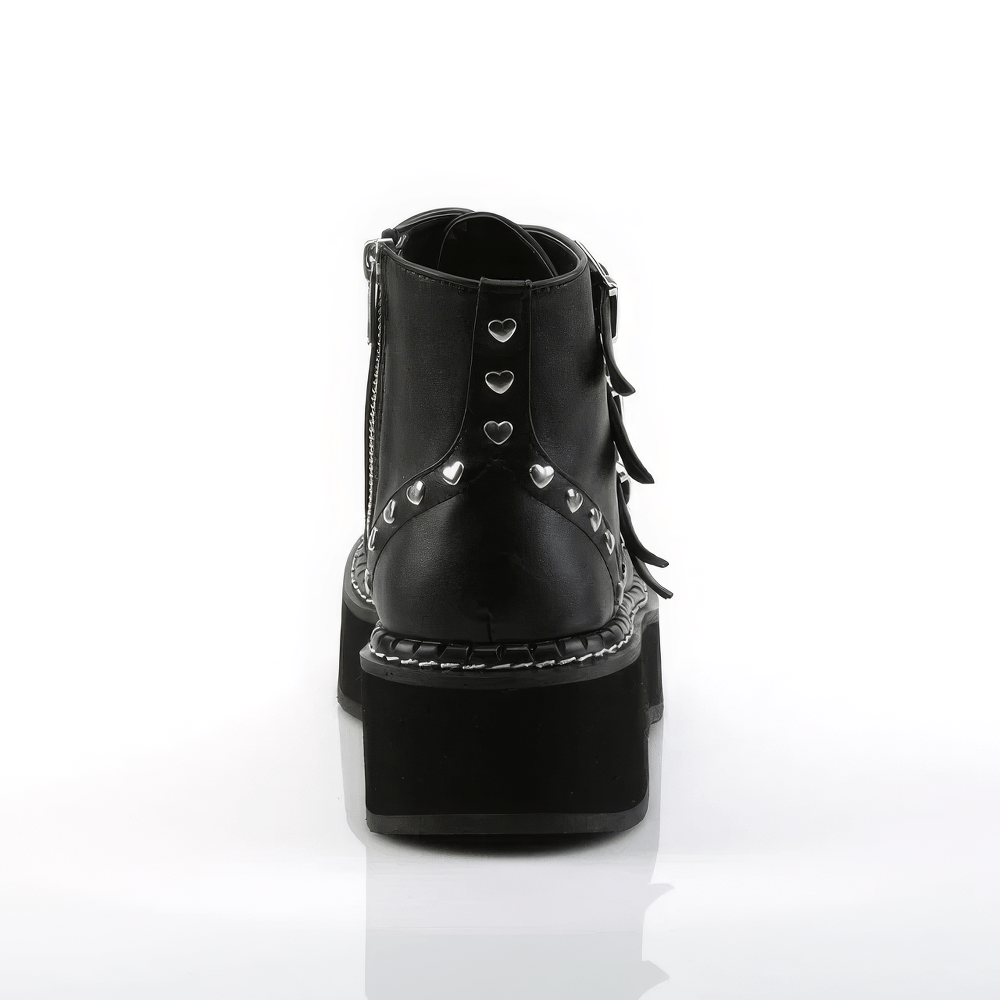DEMONIA Black Platform Buckle Strap Boots with Heart Studs