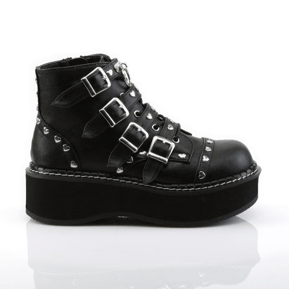 DEMONIA Black Platform Buckle Strap Boots with Heart Studs