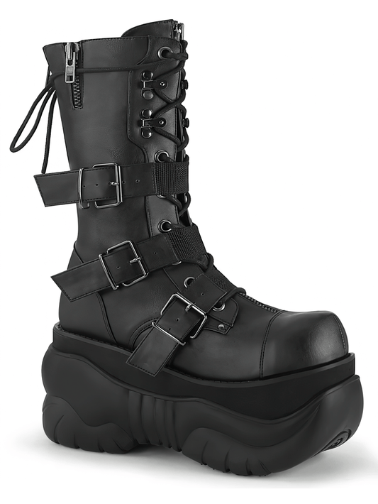 DEMONIA Black Platform Mid-Calf Boots with Buckle Straps