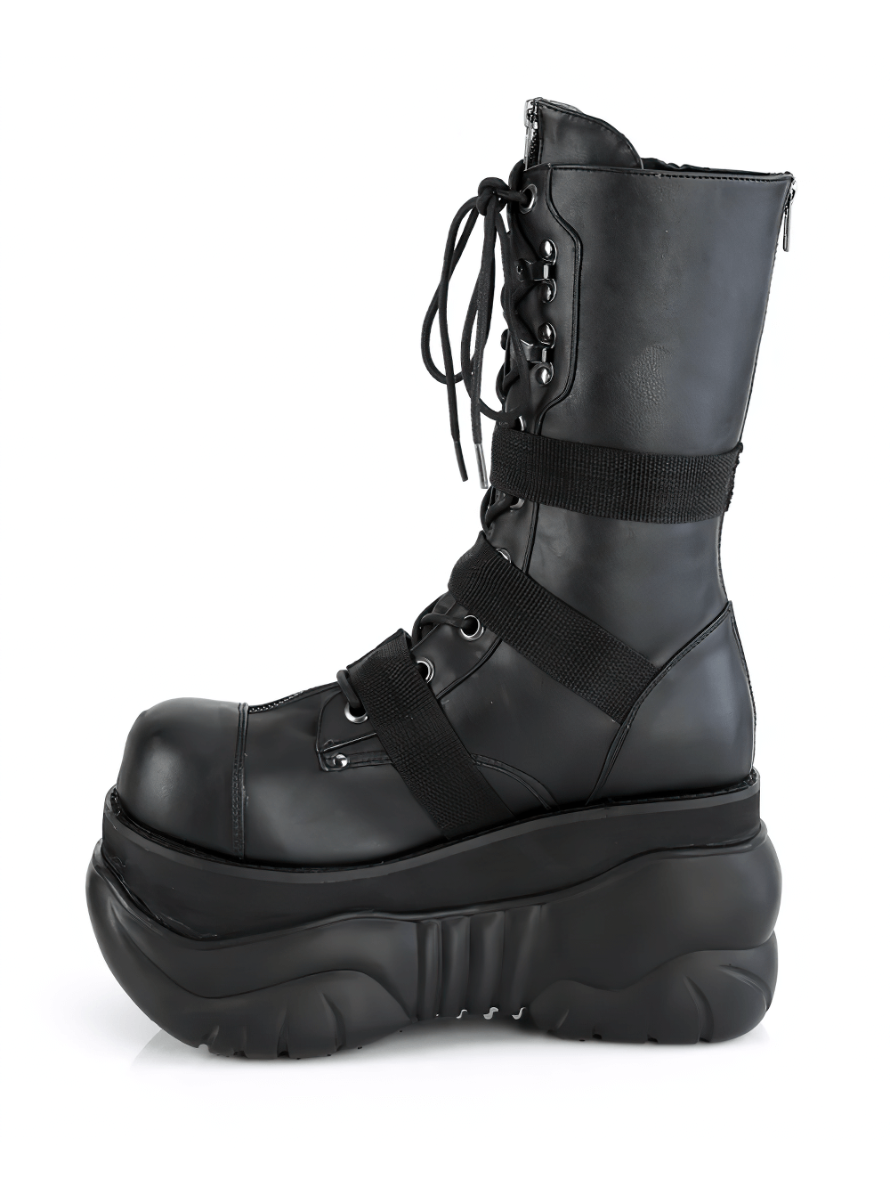 DEMONIA Black Platform Mid-Calf Boots with Buckle Straps