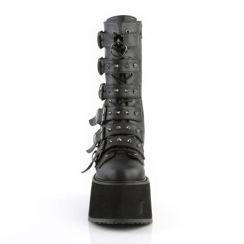 DEMONIA Black Platform Mid-Calf Boots with Studded Straps