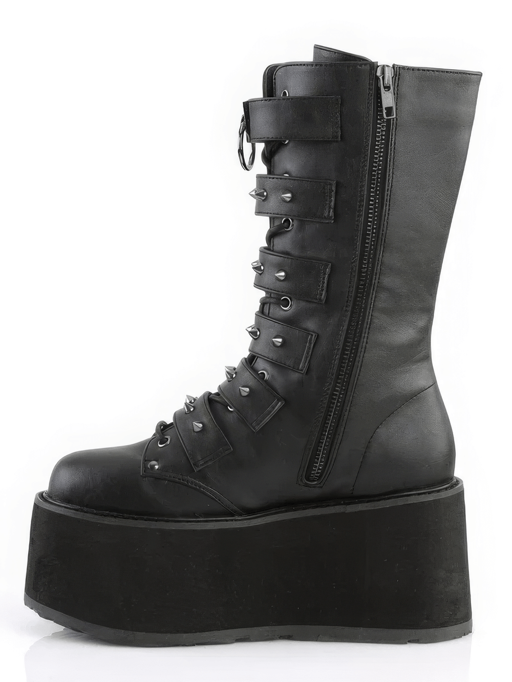 DEMONIA Black Platform Mid-Calf Boots with Studded Straps