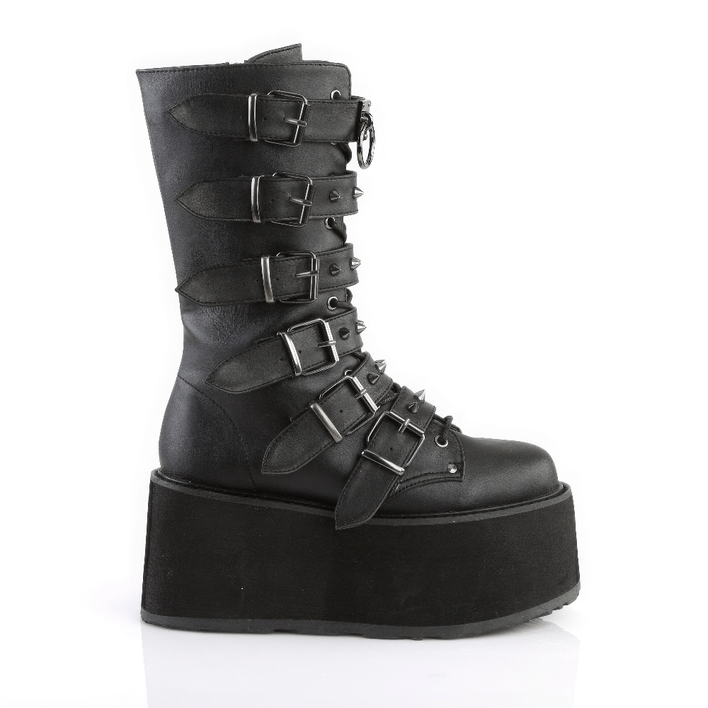 DEMONIA Black Platform Mid-Calf Boots with Studded Straps