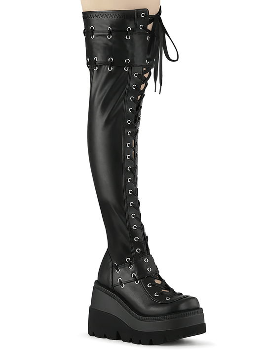DEMONIA Black Stretch Lace-Up Thigh High Boots
