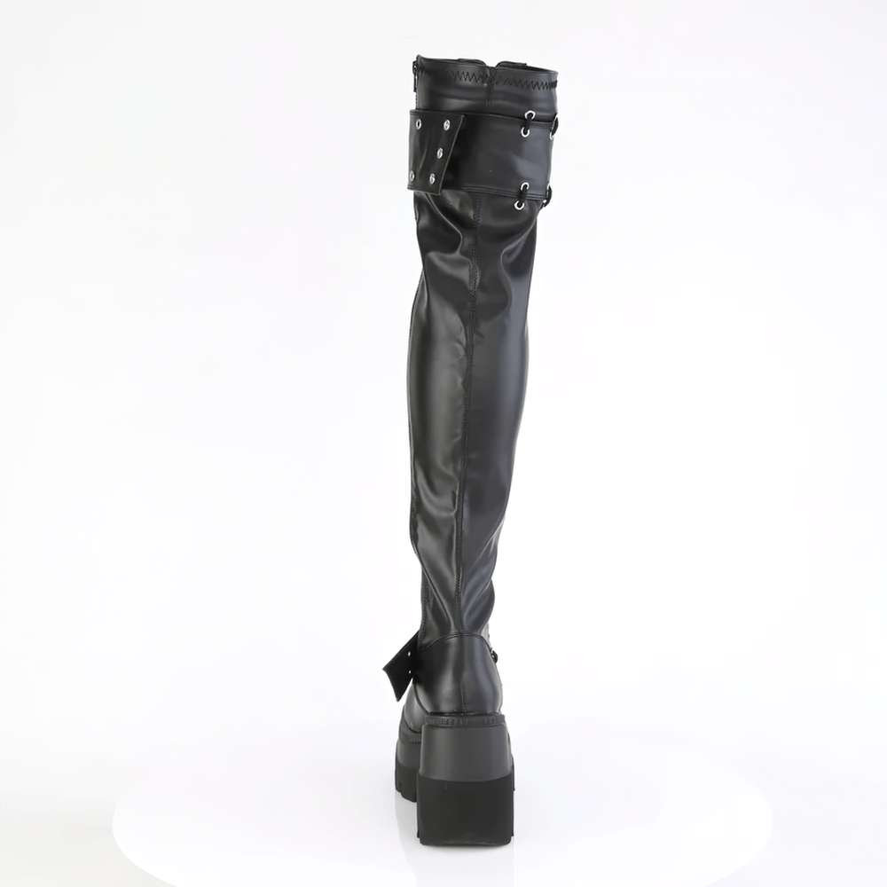 DEMONIA Black Stretch Lace-Up Thigh High Boots