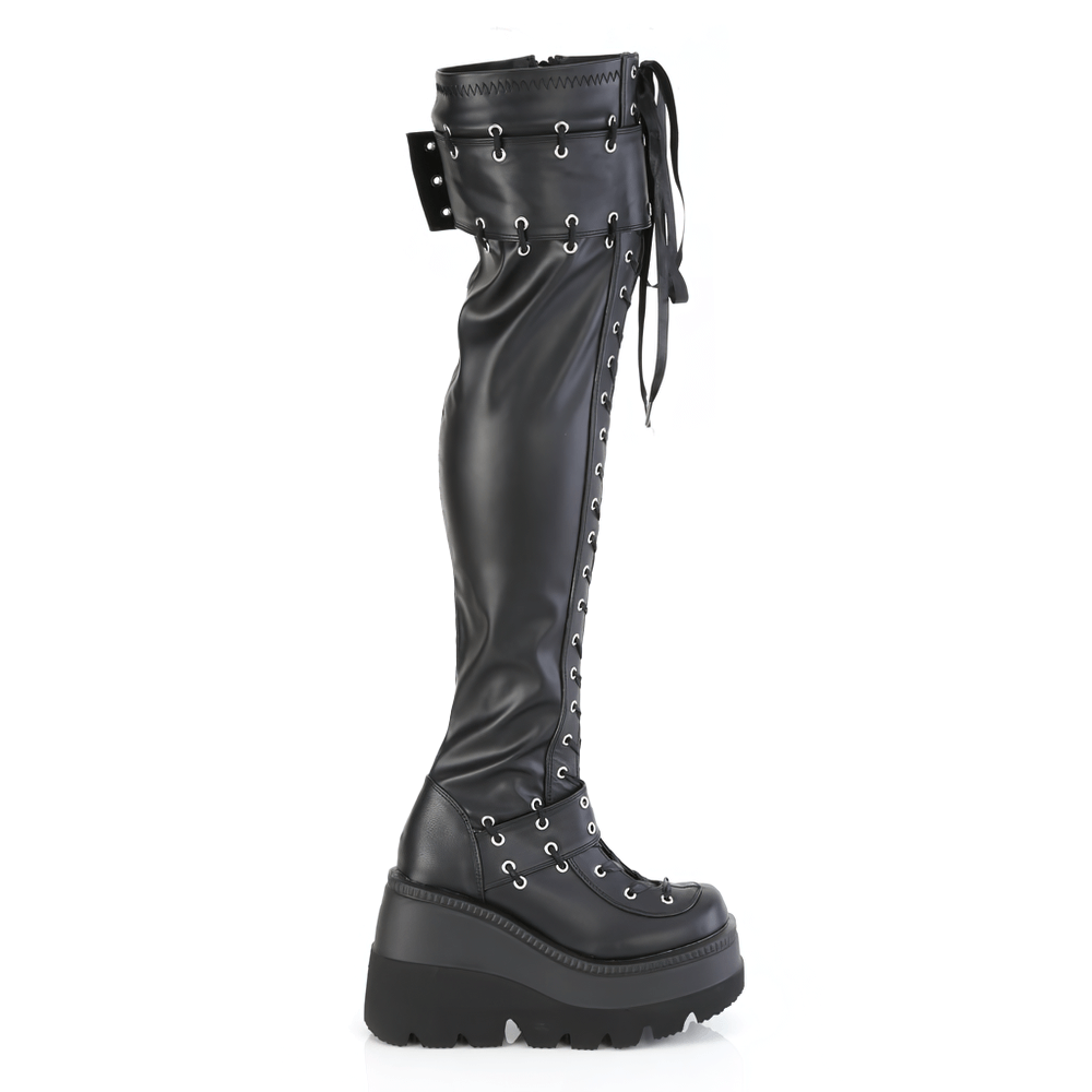 DEMONIA Black Stretch Lace-Up Thigh High Boots