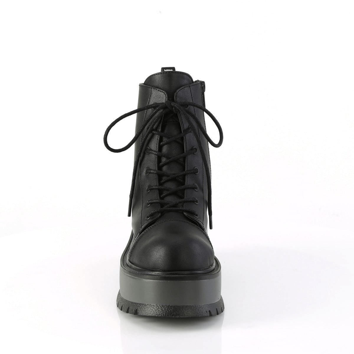 DEMONIA Black Vegan Lace-Up Platform Ankle Boots with Zip