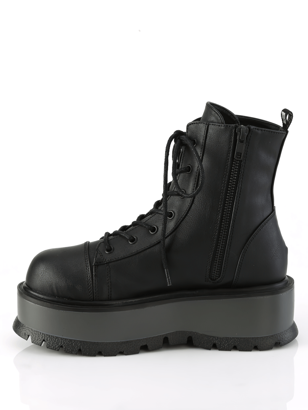 DEMONIA Black Vegan Lace-Up Platform Ankle Boots with Zip