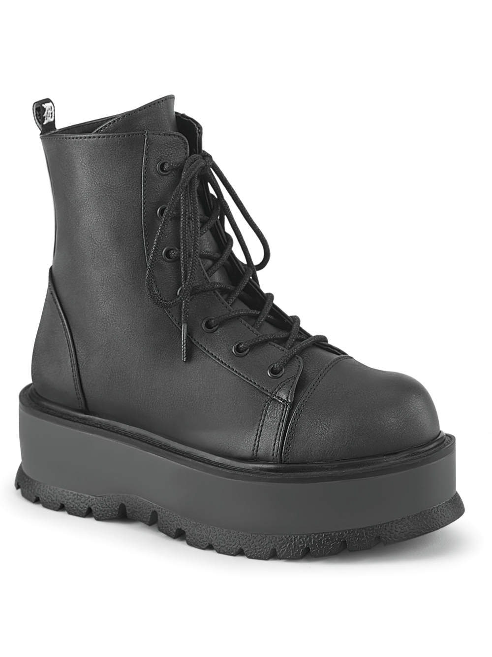 DEMONIA Black Vegan Lace-Up Platform Ankle Boots with Zip