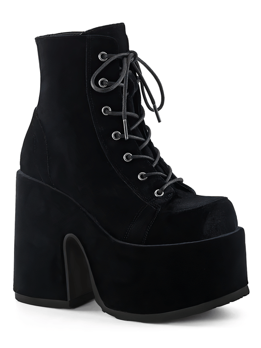DEMONIA Black Velvet Lace-Up Platform Ankle Boots