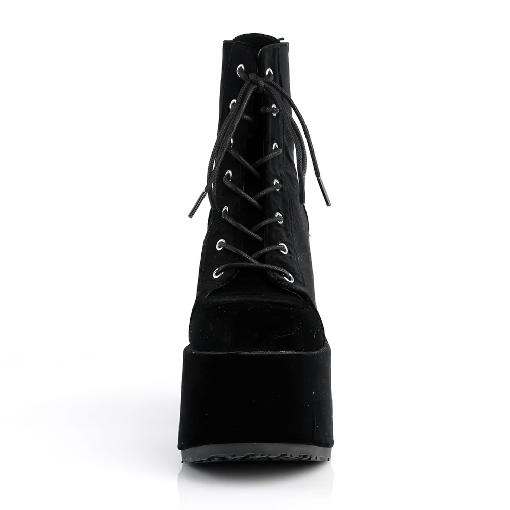 DEMONIA Black Velvet Lace-Up Platform Ankle Boots