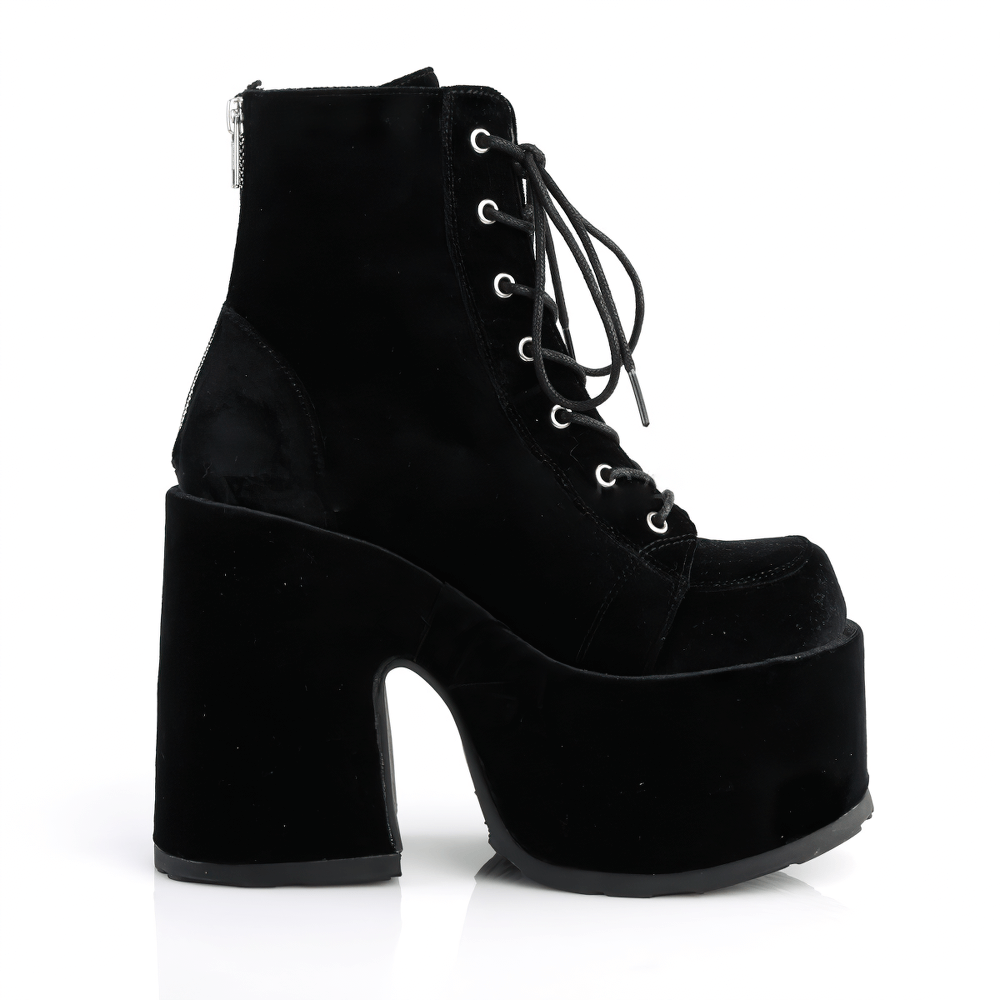 DEMONIA Black Velvet Lace-Up Platform Ankle Boots