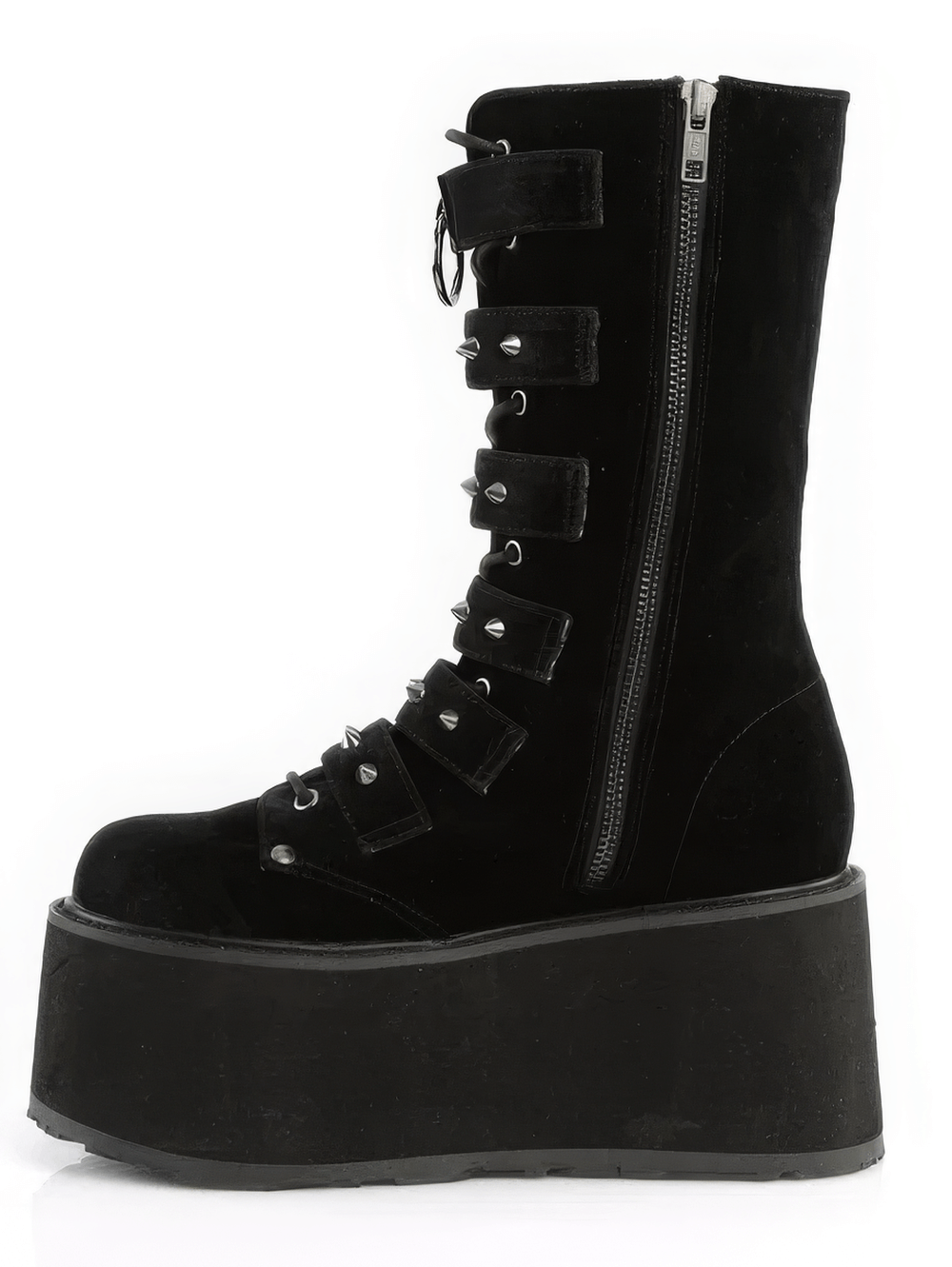 DEMONIA Black Velvet Mid-Calf Boots with Studded Straps