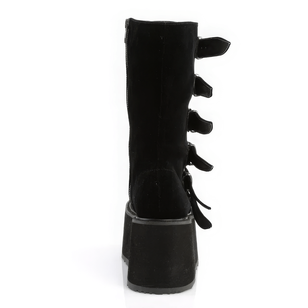 DEMONIA Black Velvet Mid-Calf Boots with Studded Straps