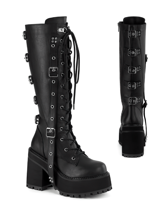 DEMONIA Block Heel Knee High Boots with Spiked Straps