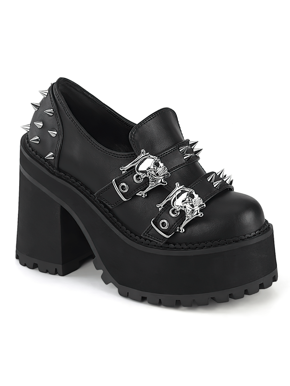 DEMONIA Block Heel Platform Loafers with Skull Buckles