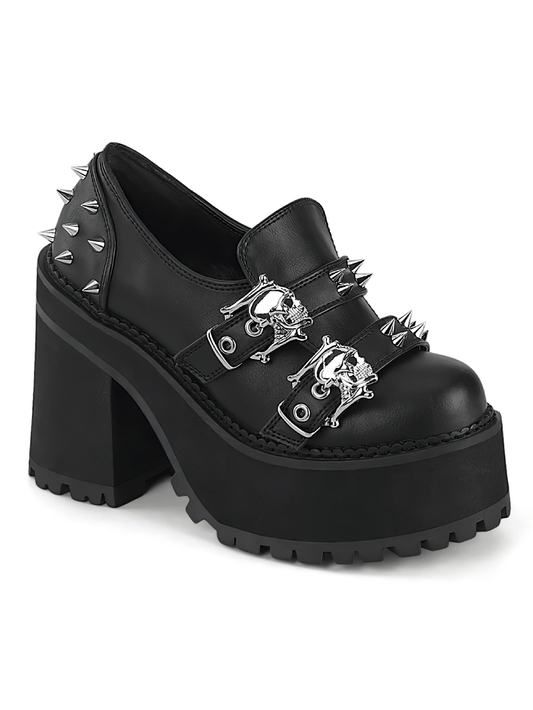 DEMONIA Block Heel Platform Loafers with Skull Buckles