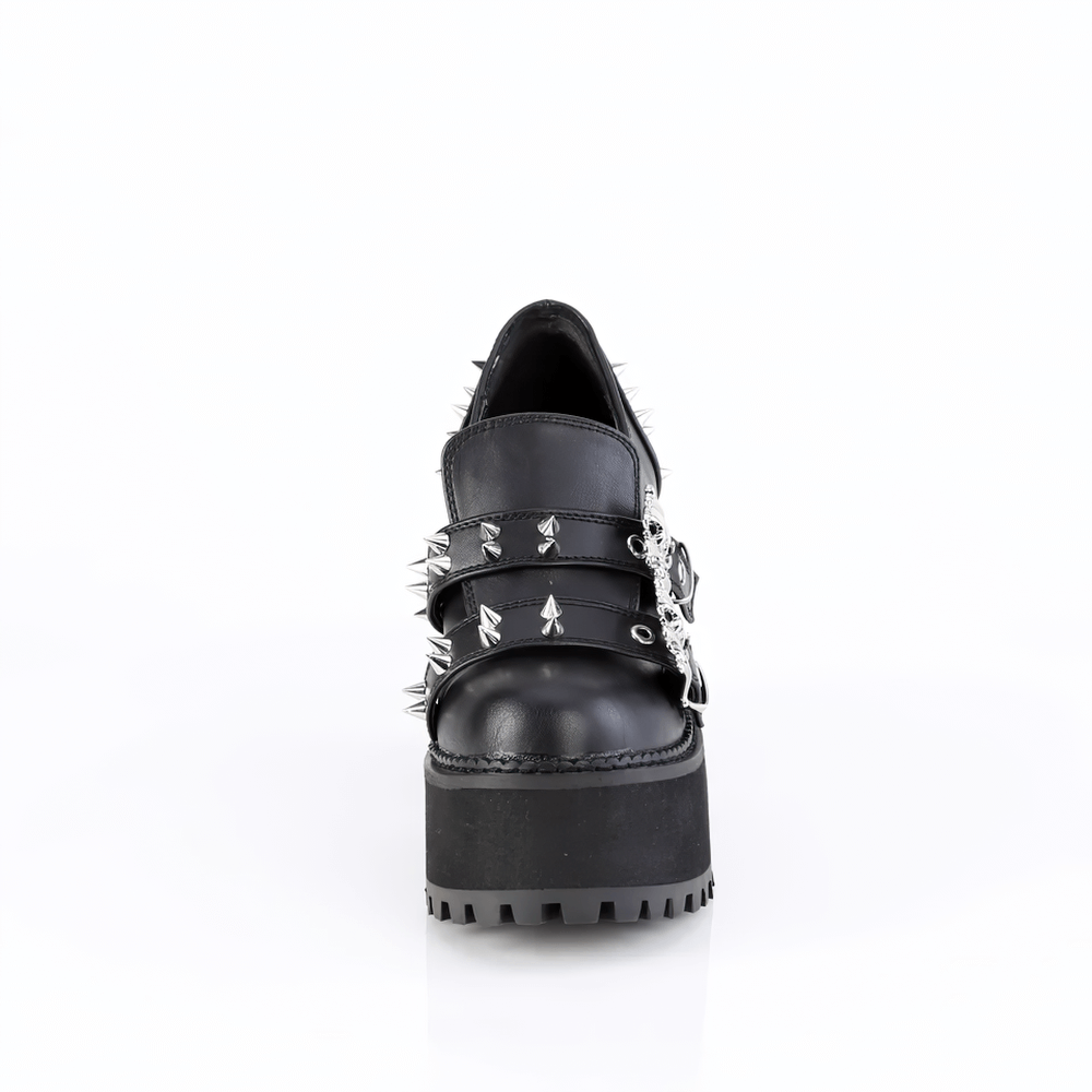 DEMONIA Block Heel Platform Loafers with Skull Buckles