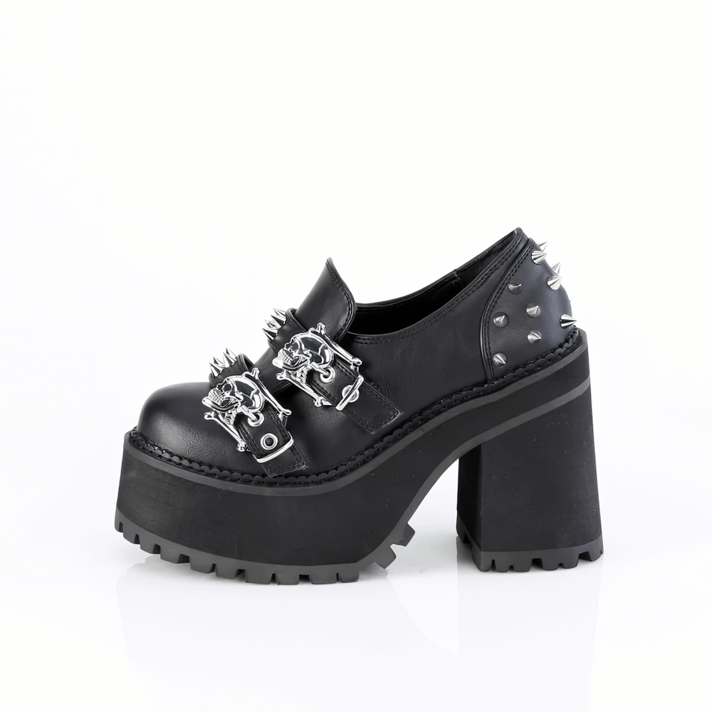 DEMONIA Block Heel Platform Loafers with Skull Buckles