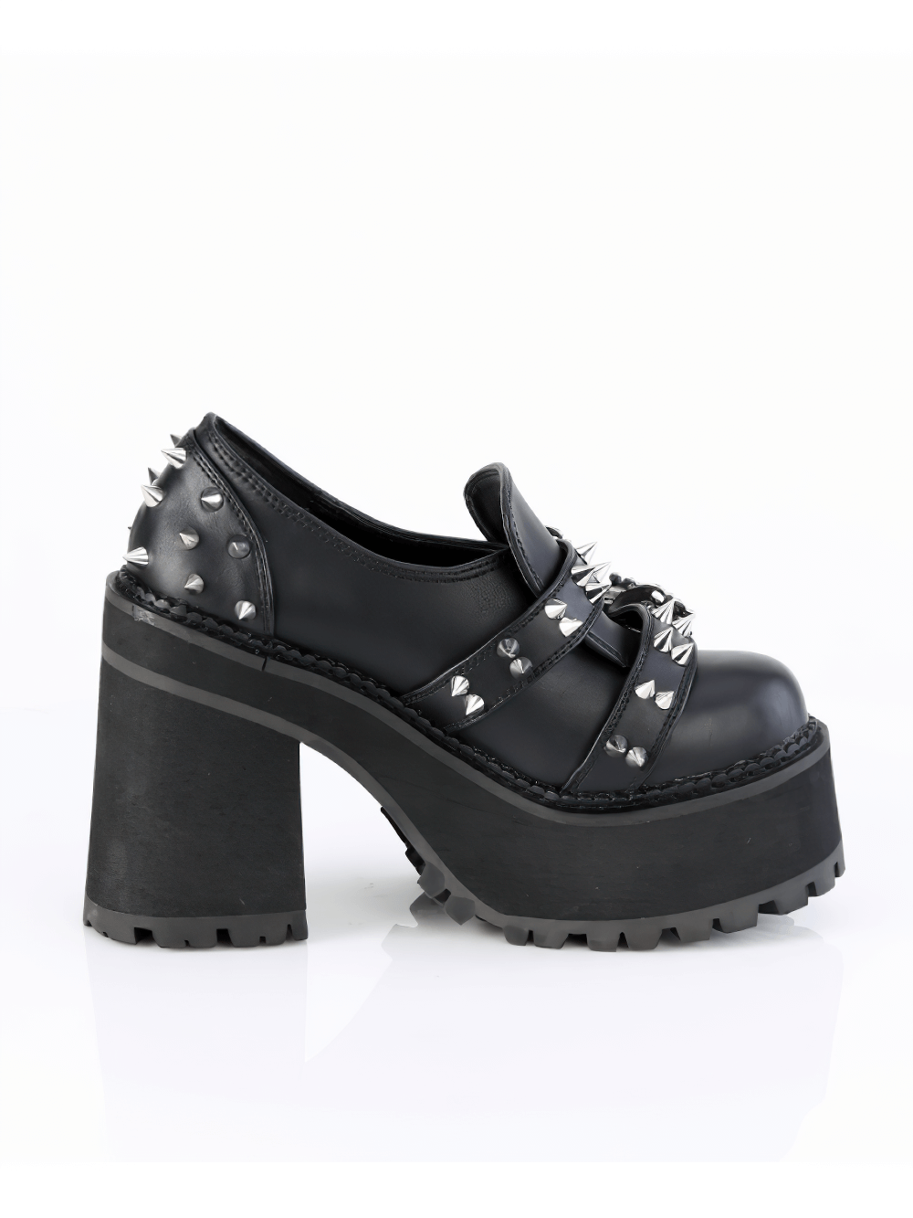 DEMONIA Block Heel Platform Loafers with Skull Buckles