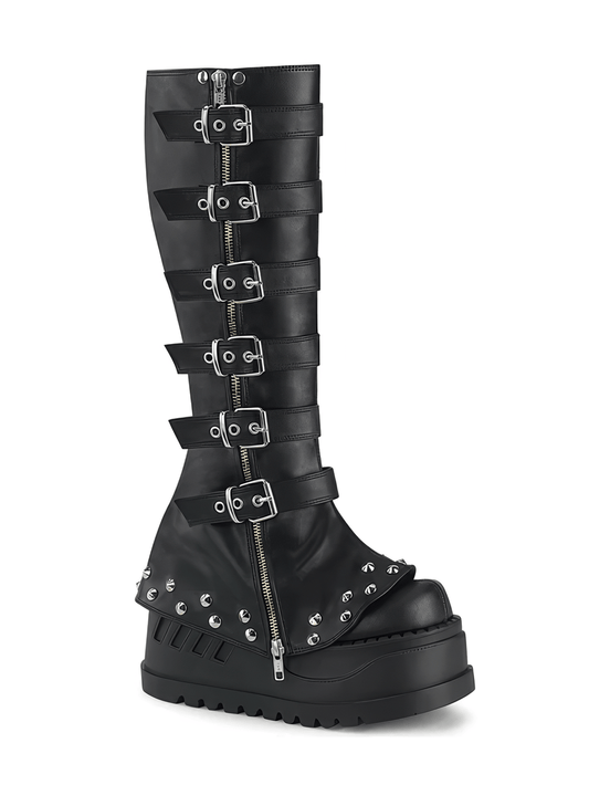 DEMONIA Buckled Knee High Boots with Studded Bell Bottom