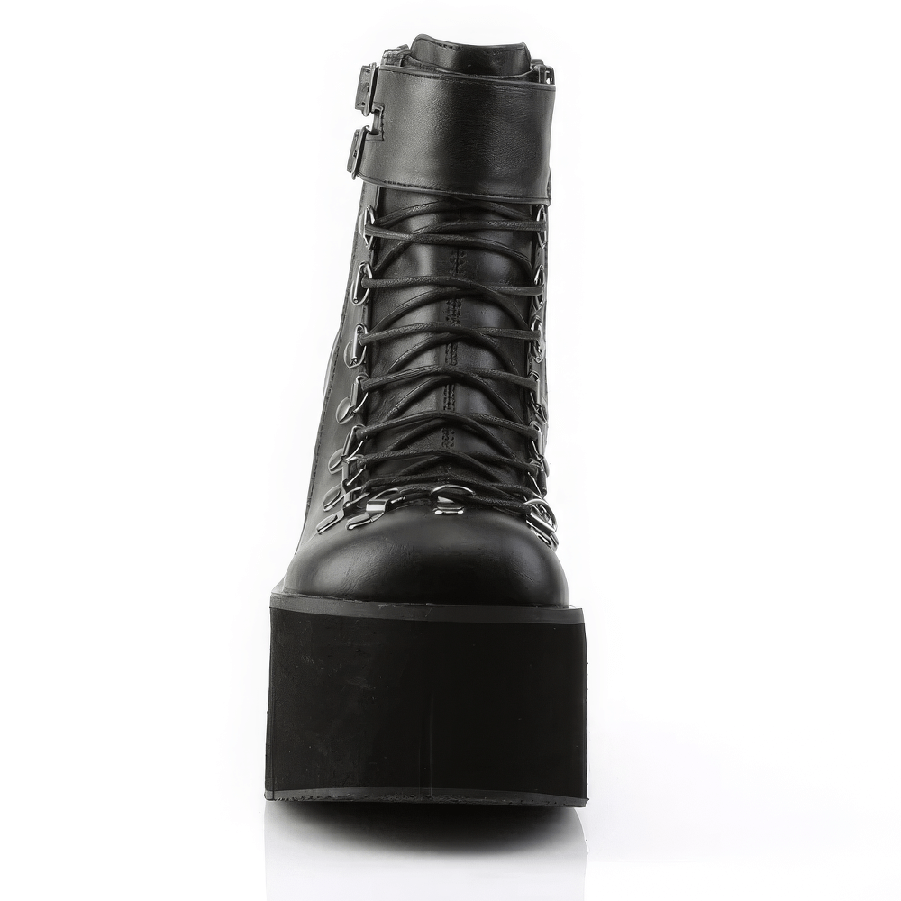 DEMONIA Chic Black Faux Lace-Up Ankle Boots with Cuff