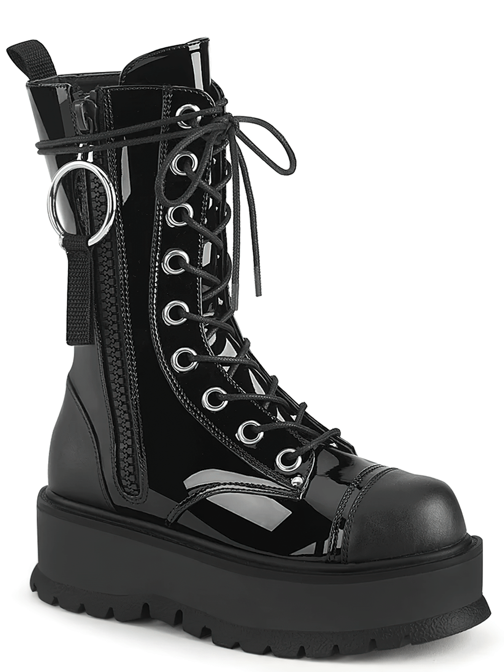 DEMONIA Edgy Black Lace-Up Mid-Calf Platform Boots