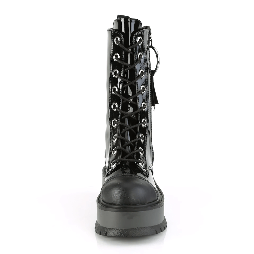 DEMONIA Edgy Black Lace-Up Mid-Calf Platform Boots