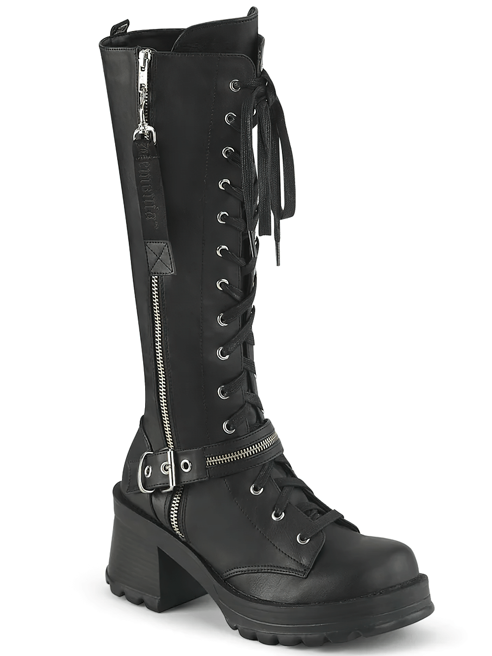 DEMONIA Edgy Lace-Up Knee Boot with Chunky Heel