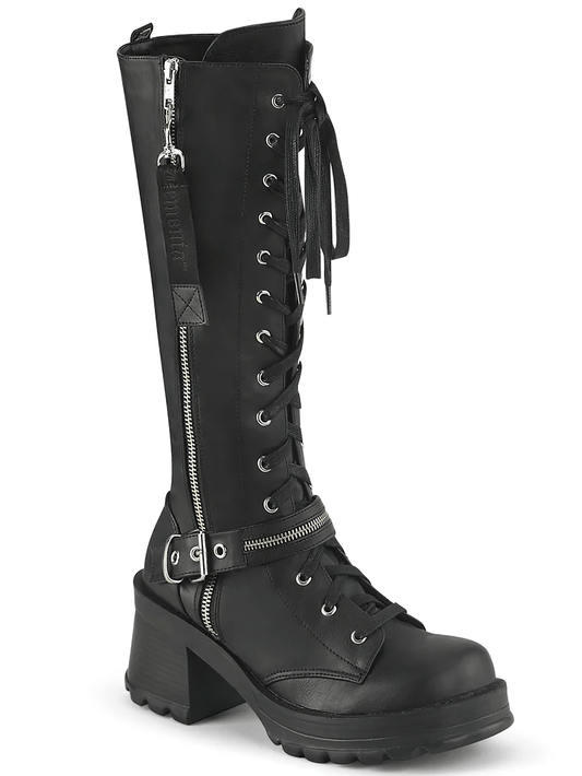 DEMONIA Edgy Lace-Up Knee Boot with Chunky Heel