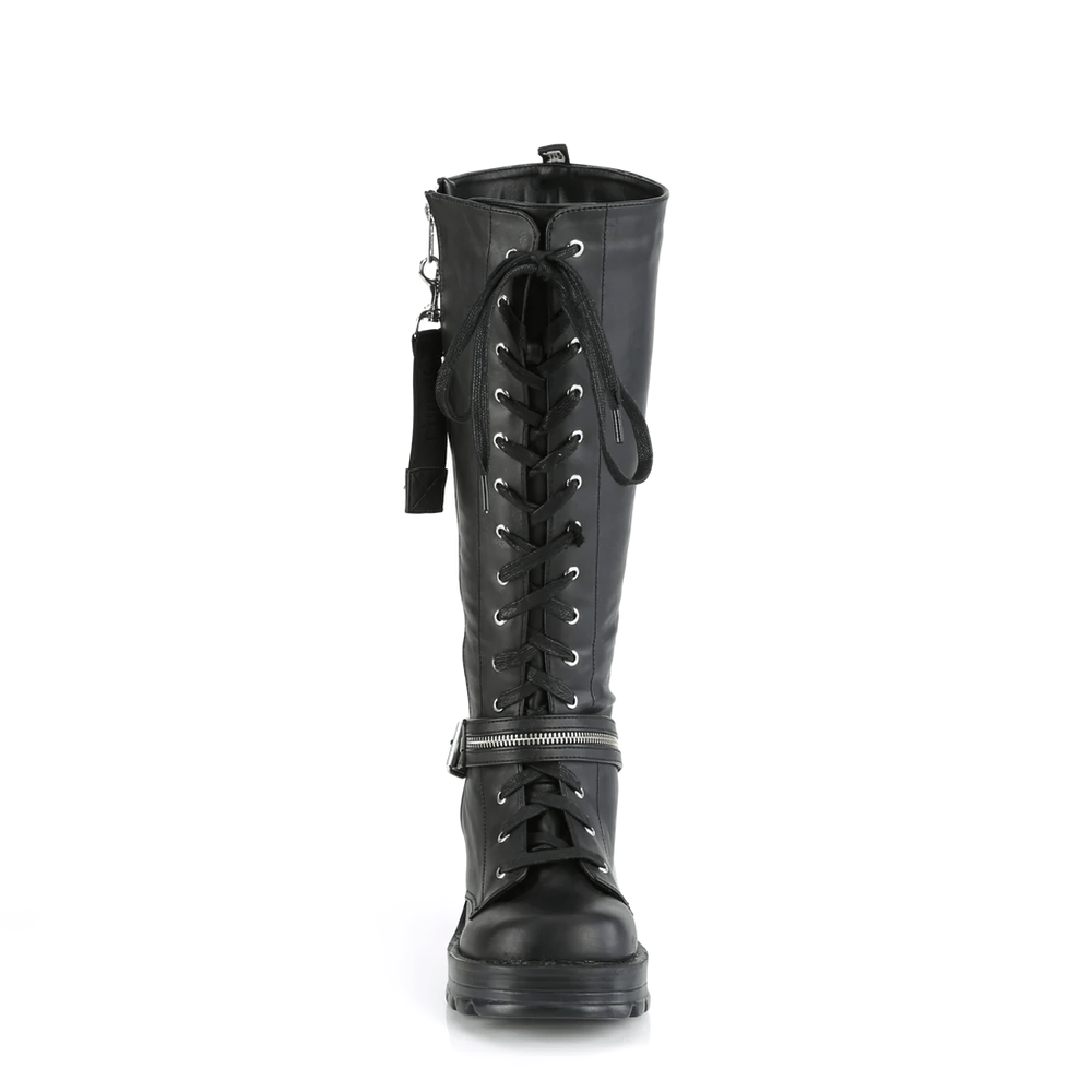 DEMONIA Edgy Lace-Up Knee Boot with Chunky Heel