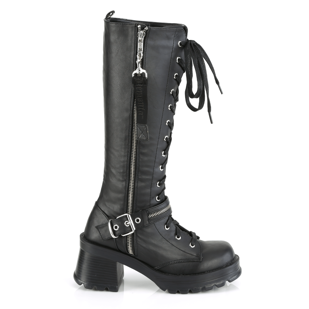 DEMONIA Edgy Lace-Up Knee Boot with Chunky Heel