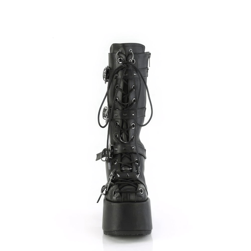 DEMONIA Edgy Mid-Calf Boots with Spikes and Skull Details